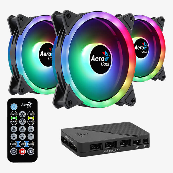 KIT DE 3 FANS AEROCOOL DUO 12 PRO (ARGB - DUAL RING) CON CONTROLADORA Y CONTROL