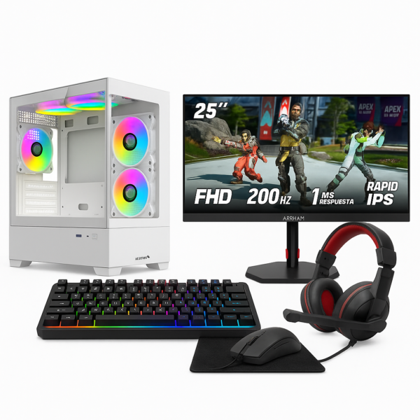 PC Gamer Completa + Monitor 25" 200hz + Combo Perisfericos | AMD Ryzen 5 5500 + Placa de video 5700xt 8gb+ 32GB RAM + SSD 480 + A520 + Gabinete RGB + Fuente 650w 80 plus