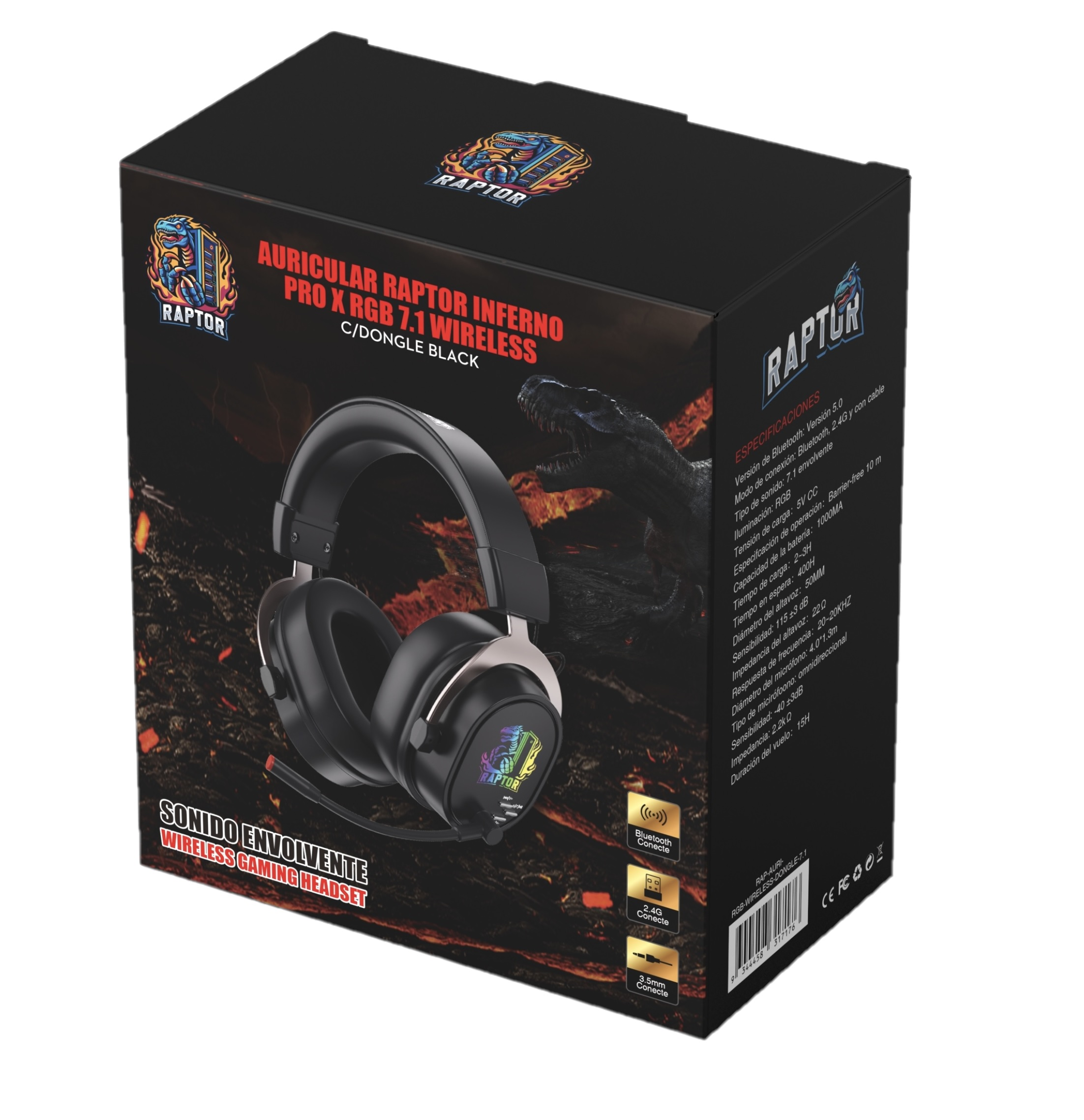 Auricular Raptor Inferno PRO X 7.1 Wireless c/Dongle Negro (7176) - Imagen 3