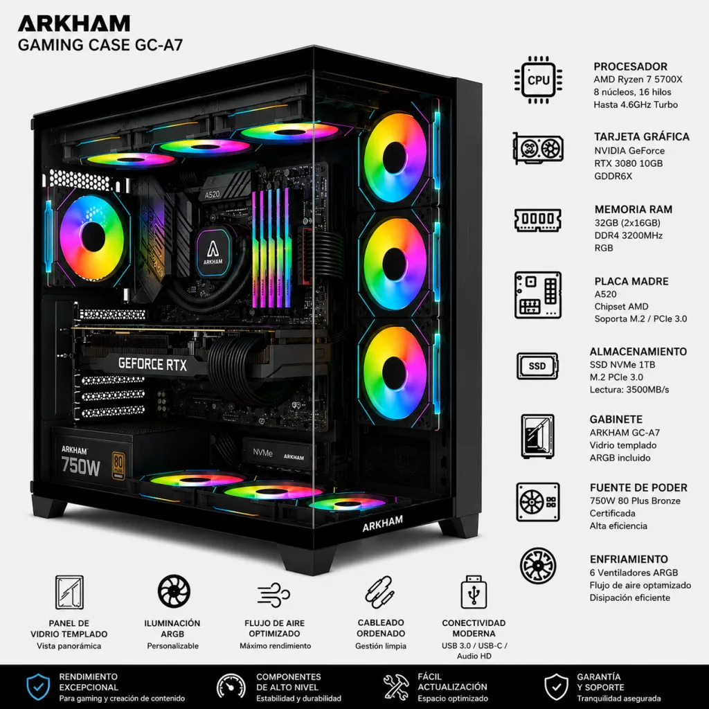 PC GAMER AMD 5700X RTX 3080 10 GB 32GB DDR4 B550 1TB NVME GAB RGB 750W 80+