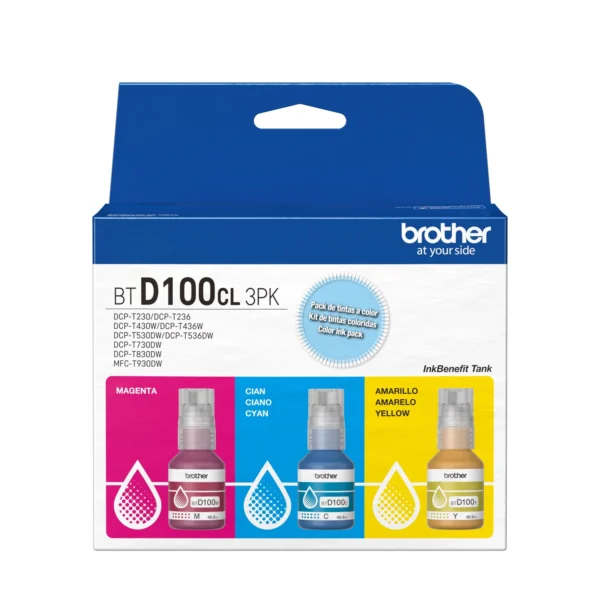 Botella de tinta Brother BTD100 Cian Magenta Amarilla Pack de 3