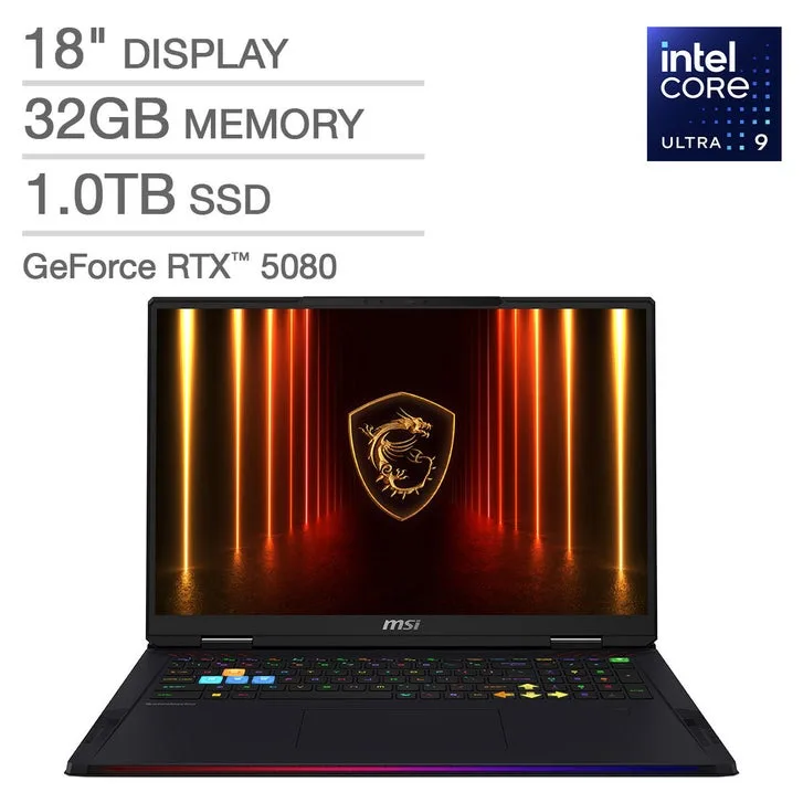 NOTEBOOK GAMER MSI RAIDER 18 HX AI A2XWIG-420 GAMING INTEL CORE™ ULTRA 9 285HX 32GB RAM 1TB SSD NVIDIA® RTX 5080 16GB 18" QHD+ 240HZ